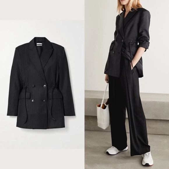 CO Blazer Jacket Black Pinstripe Wool Blend Tie Waist Pockets Size L - Picture 2 of 11